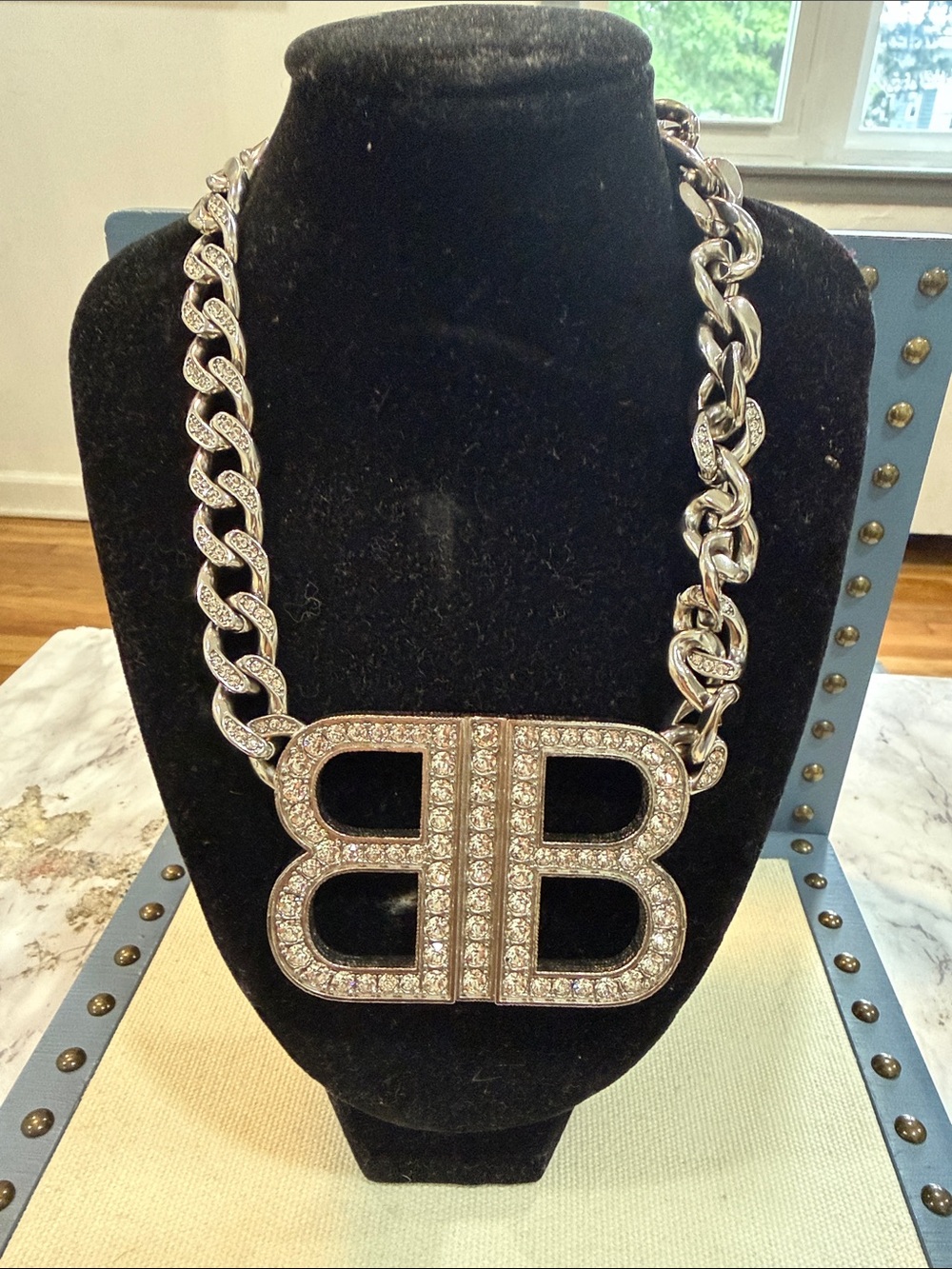 Balenciaga Silver Crystal Double B Statement Necklace
